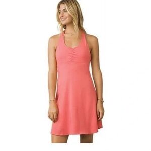 Prana Women's Coral Pink Halter Neck Ruched A-Line Mini Dress Size Medium